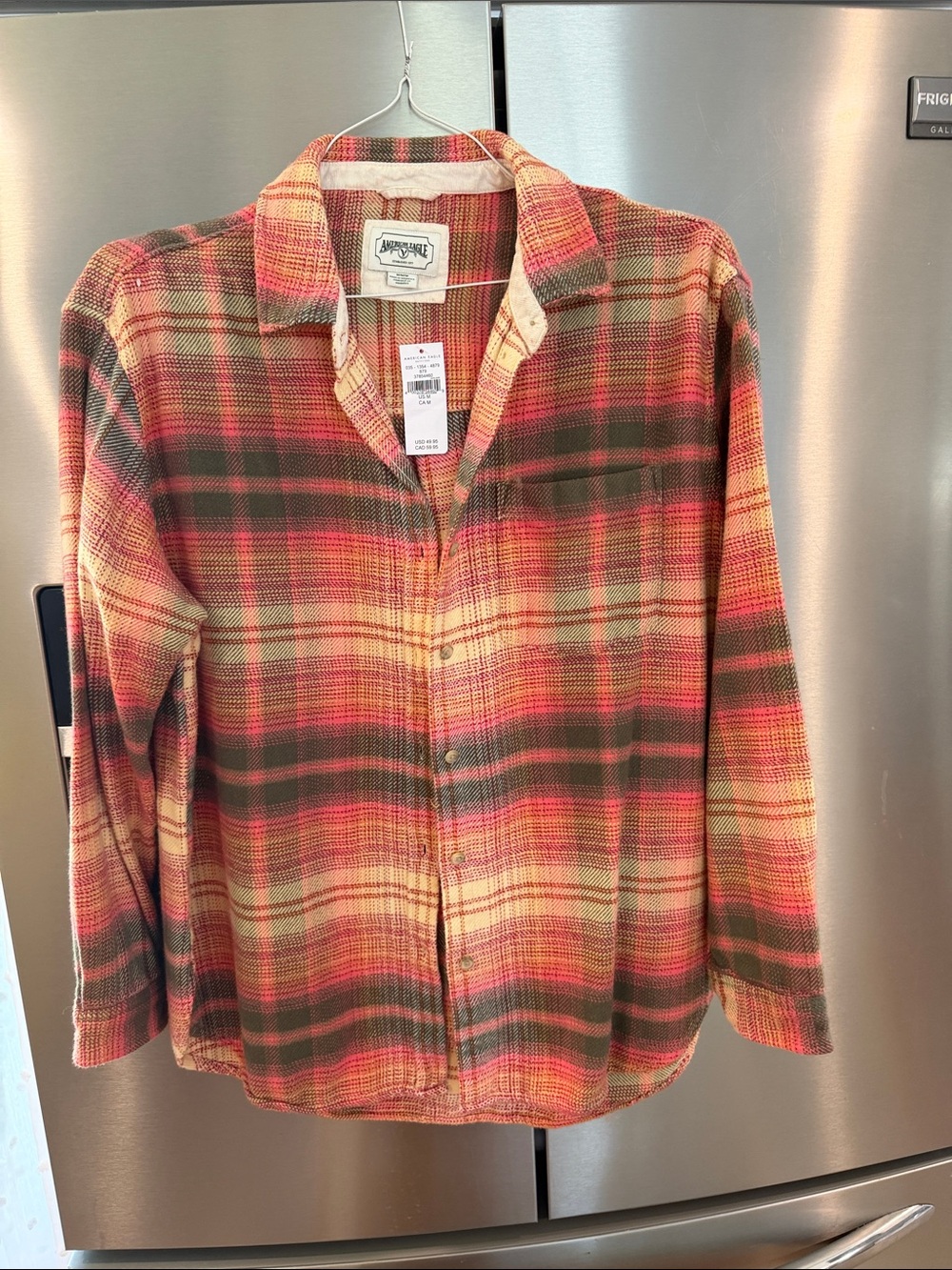 American Eagle Outfitters Plaid Button-Down Shirt - Pink & Green & Cream